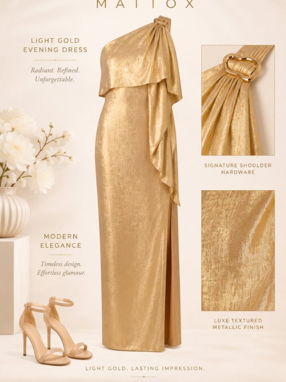 Adriana Papell Metallic Layered One Shoulder Gown Light Gold Size 6 NWT - Picture 2 of 6